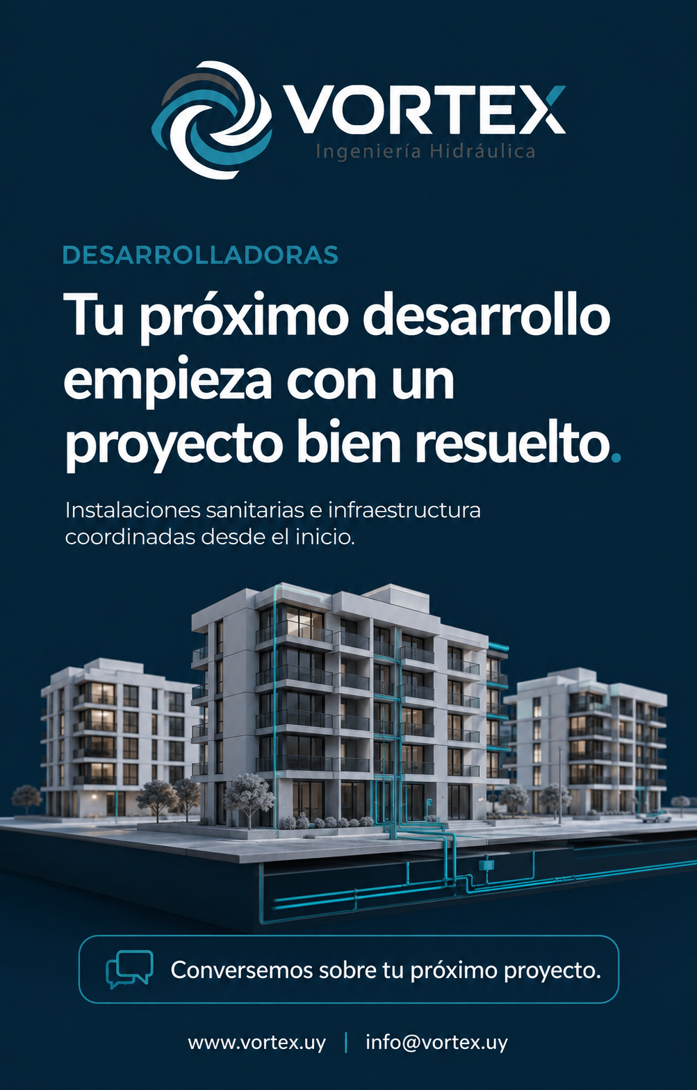 Visualización conceptual de edificios conectados a redes de infraestructura hidráulica