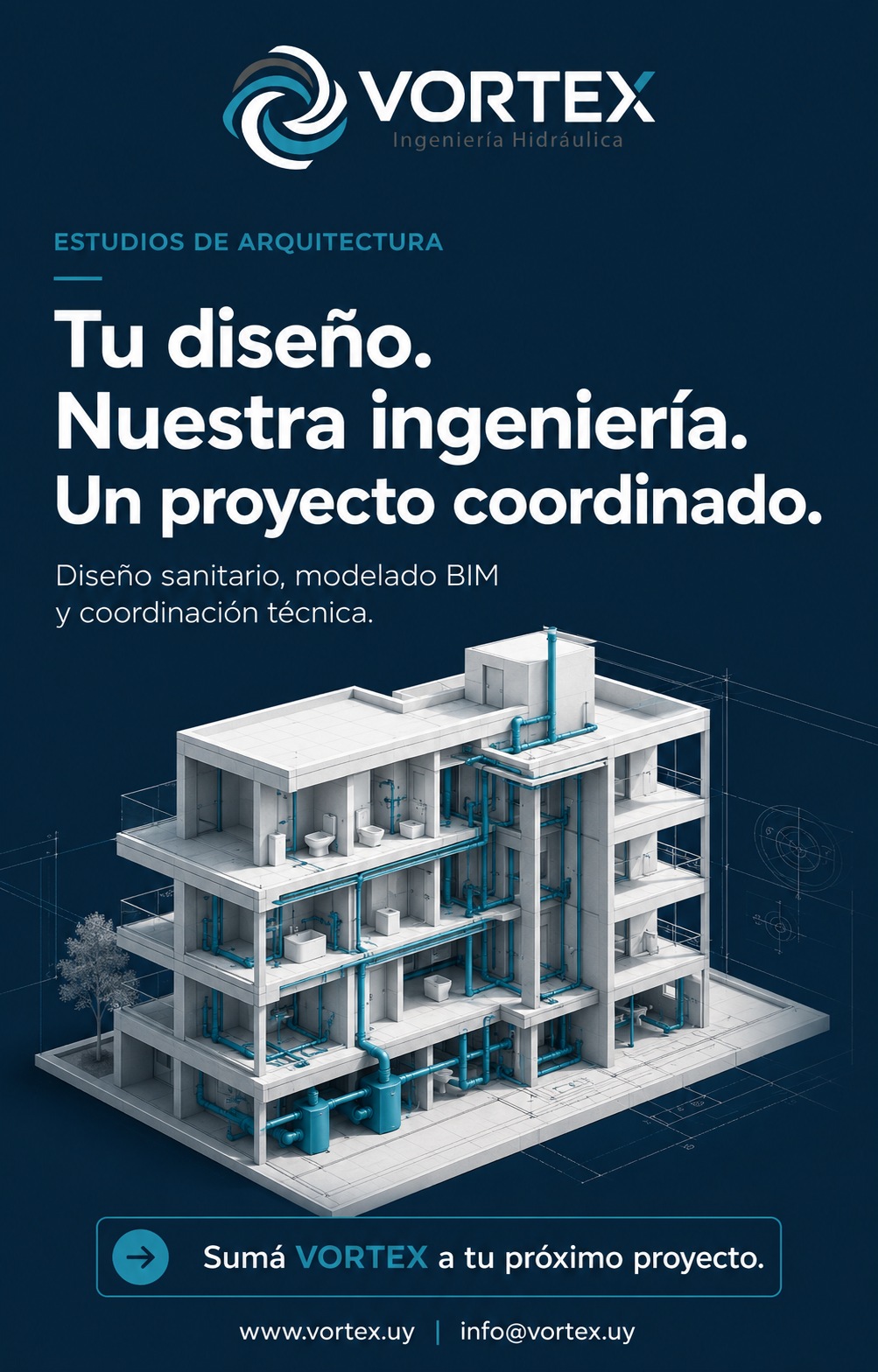 Visualización conceptual de un edificio con sus instalaciones sanitarias coordinadas